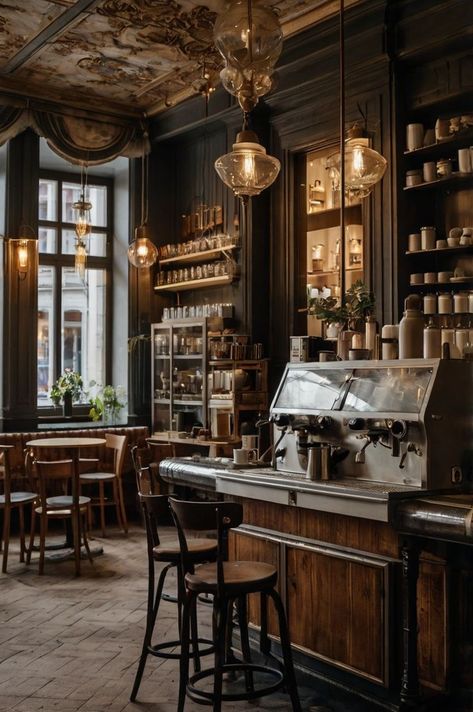 Countryside Coffee Shop, Vintage Cafe Interior Design Rustic, Coffee Shop Cozy Interiors, 1920s Coffee Shop, Dark Academia Cafeteria, Cozy Cafe Aesthetic Dark, Dark Moody Coffee Shop, Moody Cafe Interior, Moody Cafe Aesthetic