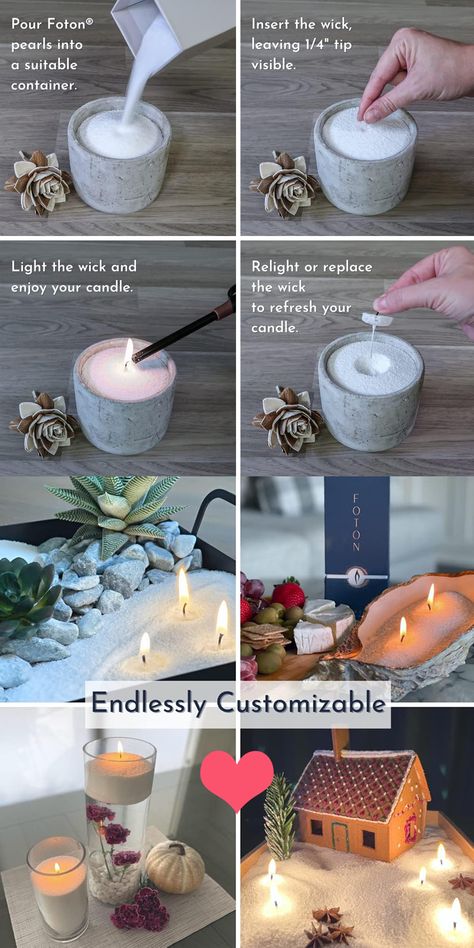 ENDLESSLY CUSTOMIZABLE - Turn any container into a unique candle NATURAL & ECO-FRIENDLY - Plant-based candle pearls burn cleanly with minimal smoke. NEW EVERY TIME - Replace the wick to make a brand-new candle each time you use it REUSABLE - No waste, use up the entire product, no leftover container UNSCENTED - Enjoy for the ambiance only, or ADD ESSENTIAL OILS close to the wick before lighting it to give it your own scent! #candles #Foton #ecofriendly #wedding #ad Foton Candles, Unique Candle Containers, Pearled Candle, Sand Candle, Candle Kit, Luxury Powder, Pearl Candle, Sand Candles, Unique Candle