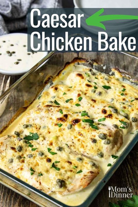 Oven Baked Chicken Dinner, Creamy Caesar Chicken, Baked Caesar Chicken, Baked Chicken Dinner, Turkey Cutlet Recipes, Caesar Sauce, Chicken Cutlet Recipes, Caesar Chicken, Turkey Cutlets