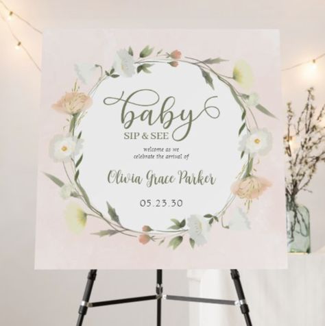 This gorgeous Wildflower Baby Sip & See 30 x 30 foam core welcome sign would be perfect for welcoming your family and friends to the introduction of your or your loved one's new baby girl. The sign features a wreath of wildflowers in pink, peach, yellow and white and wispy natural greenery with a touch of gold on a blush pink watercolor background. The back has a matching wildflower pattern on blush pink watercolor paper. Wildflower Baby Sprinkle, Baby Sip And See, Pink Watercolor Background, Wildflower Pattern, Wildflower Baby Shower, Shower Foam, Sip And See, Baby In Bloom, Shower Collection