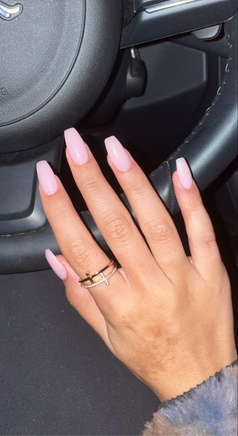 Party Pink Nails, Coffin Acrylic Nails Light Pink, Light Pink Nails Acrylic Coffin, Light Pink Coffin Nail Ideas, Coffin Light Pink Nails, Prom Nails Light Pink, Pink Coffin Shape Nails, Light Pink Acrylic Nails Coffin, Light Pink Nails Coffin