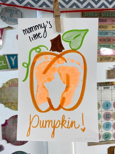 Pumpkin Craft Infants, Footprint Art Ideas, September Arts And Crafts For Infants, Orange Infant Crafts, Pumpkin Footprint Art For Infants, Family Art For Infants, Pumpkin Feet Prints, Footprint Crafts Halloween, September Footprint Art For Infants