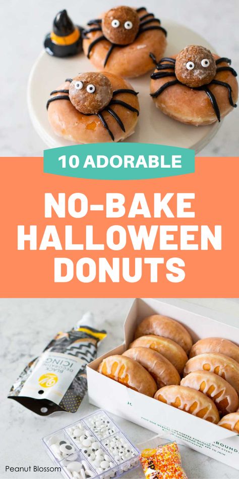 10 of the all-time cutest Halloween donut ideas you can make with store-bought donuts. Just stock your kitchen with a few simple items and you'll be ready to make a small batch of fun Halloween treats in no time. Easy Party Treats, Box Of Donuts, Easy Holiday Baking, Cider Donuts Recipe, Apple Cider Donuts Recipe, Donut Decorating Ideas, Donut Ideas, Peanut Blossoms, Halloween Donuts