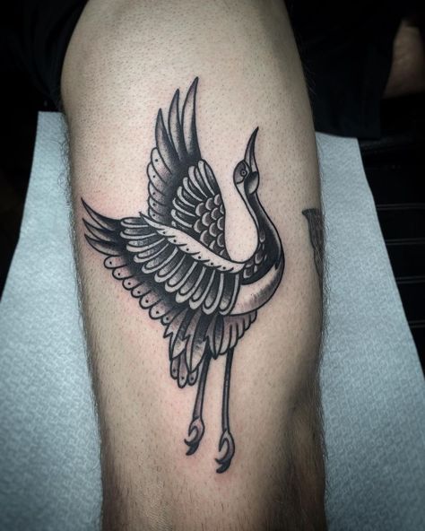 Crane American Traditional Tattoo, Bird Tattoo Traditional Black, Crain Bird Tattoo, Crane Tattoo Men, American Traditional Heron Tattoo, Asian Crane Tattoo, Crane Arm Tattoo, Bird Tattoo Thigh, Trad Bird Tattoo