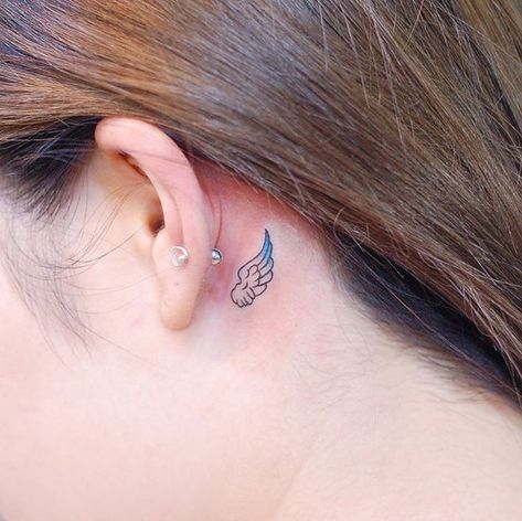 Angel Wing Tattoos, Small Angel Tattoo, Small Face Tattoos, Small Thigh Tattoos, Wing Tattoos, Tattoo Behind Ear, Neck Tattoos Women, Angel Wings Tattoo, Wing Tattoo