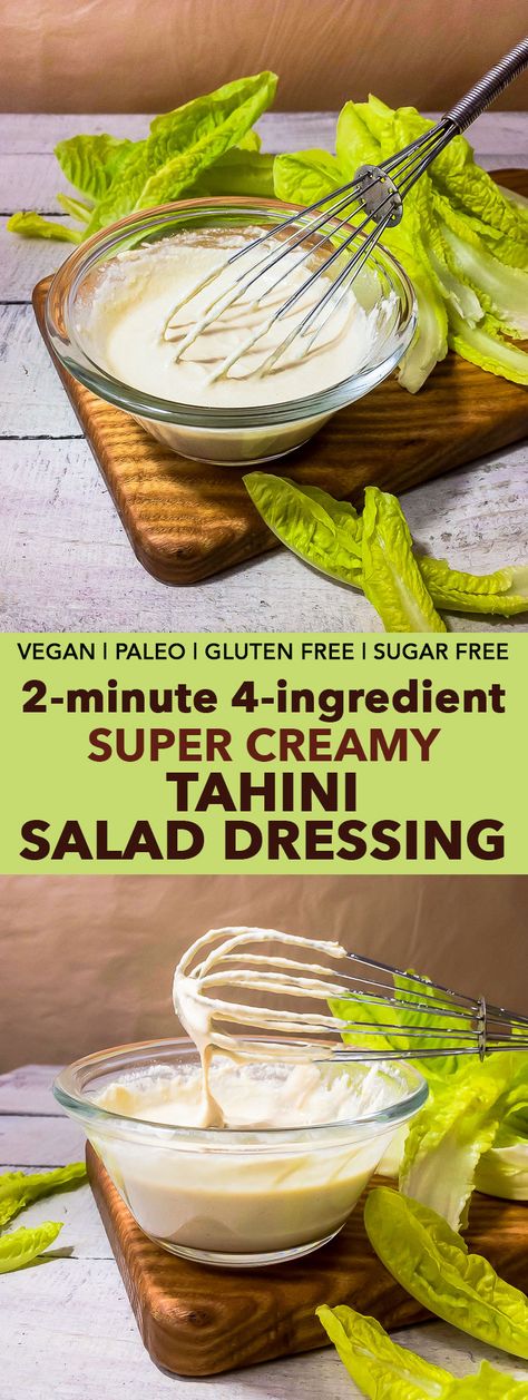 2-Minute 4-Ingredient Super Creamy Tahini Salad Dressing – This healthy super creamy tahini salad dressing requires only 4 ingredients, and is vegan, paleo, gluten free and refined sugar free. Read this post to learn the TRICK that makes this (extremely reliable!) tahini salad dressing recipe different from all the others out there. Loopy Whisk, Tahini Salad, Tahini Salad Dressing, Tahini Recipe, Vegan Salad Dressing, Salad Dressing Recipe, Vegan Sauces, Homemade Salads, Tahini Dressing