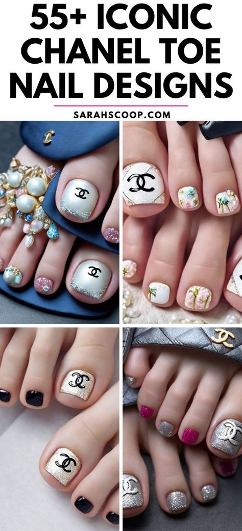 Discover the elegance of Chanel-inspired toe-nail designs! 🌟 Perfect for adding a touch of luxury to your look. #chanelnails #luxurybeauty #nailinspo Chanel Inspired Nails, Chanel Nails Design, Chanel Nail Polish, French Pedicure, Gold Foil Design, Chanel Black And White, Chanel Nails, Classy Nail Designs, Chanel Inspired