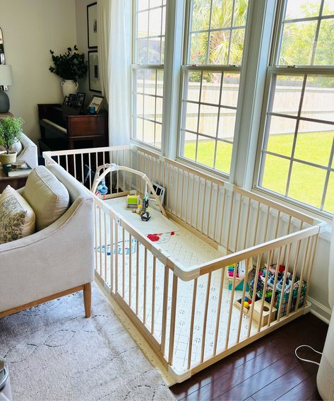 Playpen In Living Room Ideas, Gated Play Area In Living Room, Baby Play Area In Living Room Gate, Large Playpen Ideas, Living Room Playpen, Living Room With Baby Stuff, Playpen In Living Room, Playpen Living Room, Baby Area In Living Room