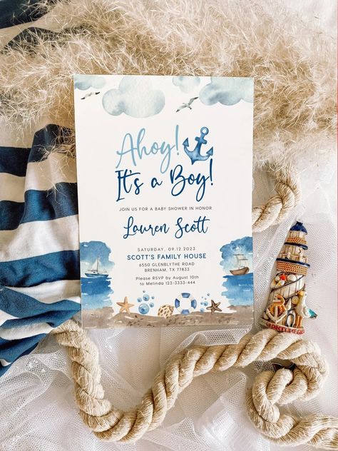 Nautical Baby Shower Theme, Nautical Baby Shower Invitations, Ahoy Its A Boy, Boy Baby Shower Ideas, Baby Shower Invitaciones, Baby Shower Invitation Template, Nautical Baby Shower, Boy Baby Shower Themes, Nautical Baby