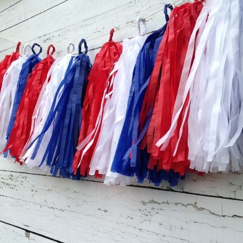 4th Of July Party Decorations, Tissue Tassel Garland, Tissue Paper Garlands, Pool Party Kids, Fourth Of July Decor, Blue Banner, Patriotic Party, 4th Of July Decorations, Tassel Garland