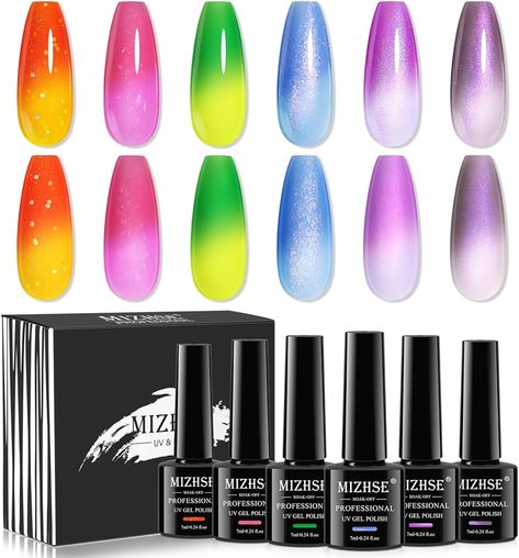 Color Changing Gel Nail Polish, 6 Colors Pearl Aurora Thremal Mood Changing Gel Polish Temperature Changing Soak Off Nail Polish for Nail Art Salon Home DIY - spring nails Mood Changing Nail Polish, Mood Changing Nails, Color Change Nail Polish, Nail Art Salon, Gel Nail Polish Set, Diy Spring, Soak Off Gel, Spring Diy, Pearl Color