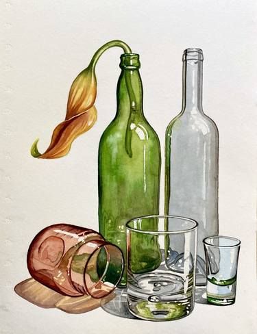 Still Life Pictures, Life Drawing Reference, Art Watercolor Painting, Watercolor Projects, Painting Glassware, Still Life Drawing, Daily Painting, Nature Art Painting, Bottle Painting