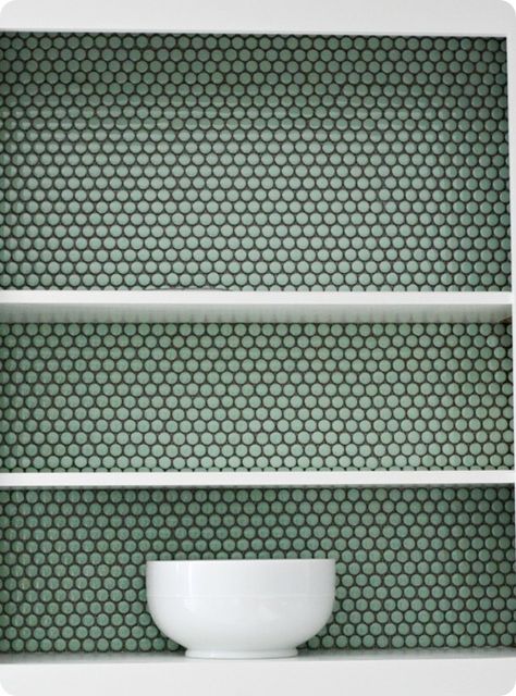 Penny tile in back of cabinet. With no grout! Just stick and go! -awesome for the bar backsplash in the cabinet if we don't use mirror Tile Cabinet, Penny Tile Backsplash, Brick Backsplash Kitchen, Black Grout, Patterned Tile, Penny Round Tiles, Penny Tile, Round Tiles, Penny Round