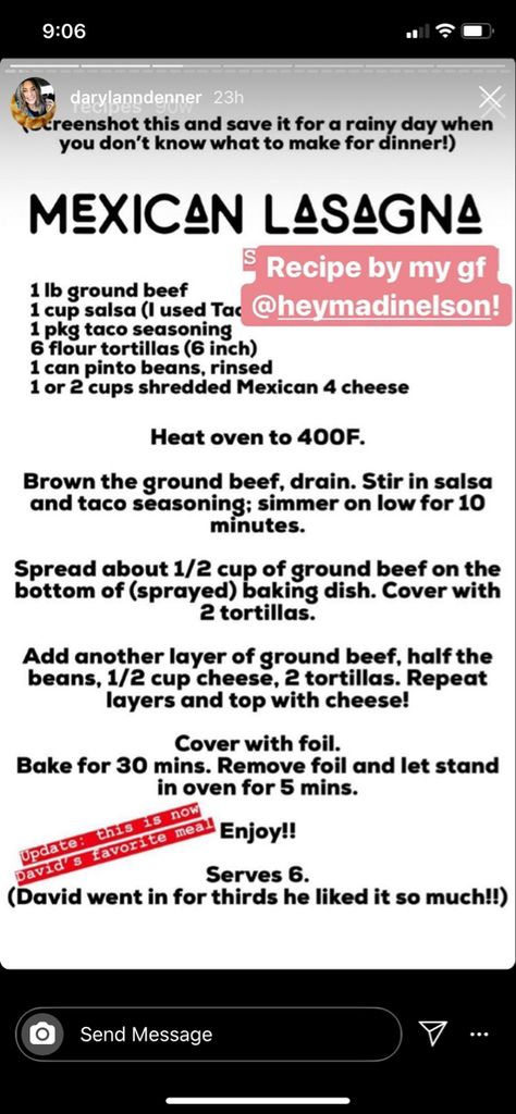 Easy Mexican Lasagna, Madi Nelson, Mexican Pinto Beans, Mexican Lasagna Recipes, Turtle Brownies, Mexican Lasagna, Chunky Salsa, Work Meals, Diet Breakfast