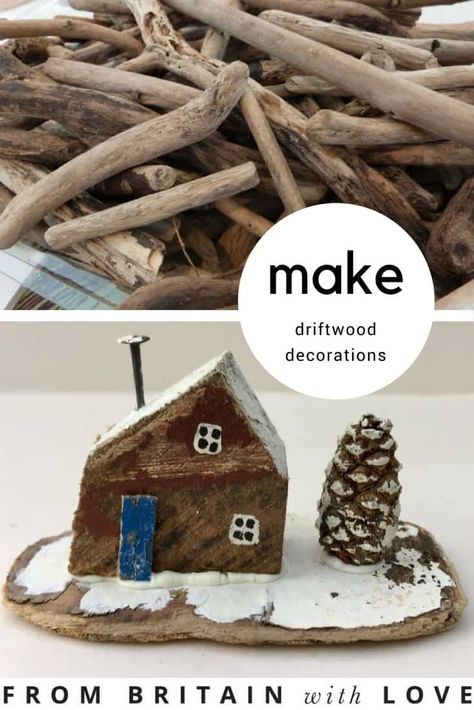 Driftwood Houses How To Make, House With White Roof, Roofing Logo, Driftwood Houses, Rainbow Loom Charms, Scrap Wood Crafts, Wood Houses, Diy Step By Step, Wood Eggs