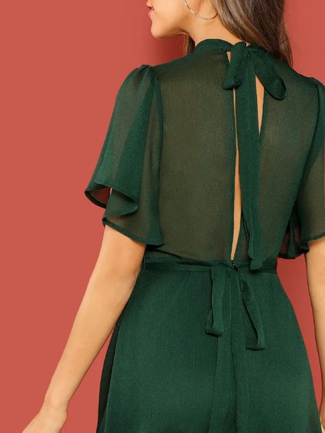 Dress From Shein, Stand Collar Dress, Emerald Green Dress, Emerald Green Dresses, Tie Dress, Office Ladies, Collar Dress, Elegant Dress, Tie Back