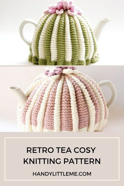 Tea cosy knitting pattern. Make a retro style tea cozy with this free pattern. #teacosy #teacozy #knitting #knittingpattern #knitcozy Knit Tea Cozy Pattern Free, Crochet Tea Cosy Free Pattern, Knit Tea Cozy Pattern, Tea Cosy Crochet, Knit Tea Cozy, Tea Cosy Pattern, Tea Cosy Knitting Pattern, Tea Cozy Pattern, Knitted Tea Cosies