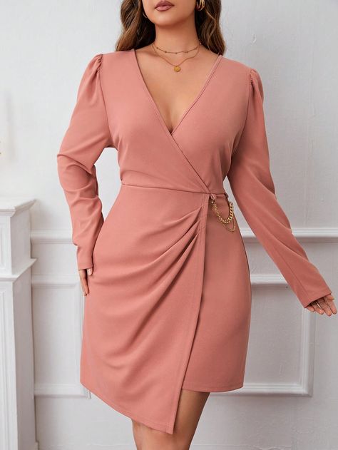 Dusty Pink Elegant Collar Long Sleeve Fabric Plain Fitted Embellished Medium Stretch Spring/Fall Women Plus Clothing Neck Chain, Hem Dress, Spring And Fall, Dress P, Dusty Pink, Plus Clothing, Plus Size Dresses, Wrap Dress, Plus Size