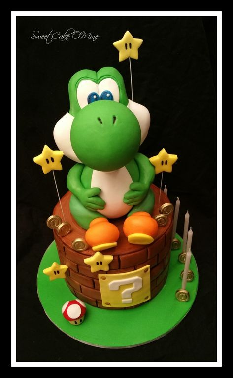 Yoshi - cake by Sweet Cake O'Mine Yoshi Birthday Party Cake, Yoshi Birthday Party, Yoshi Birthday Cake, Yoshi Cake, Yoshi Party, Nintendo Cake, Mario Birthday Cake, Mario Bros Cake, Super Mario Cake