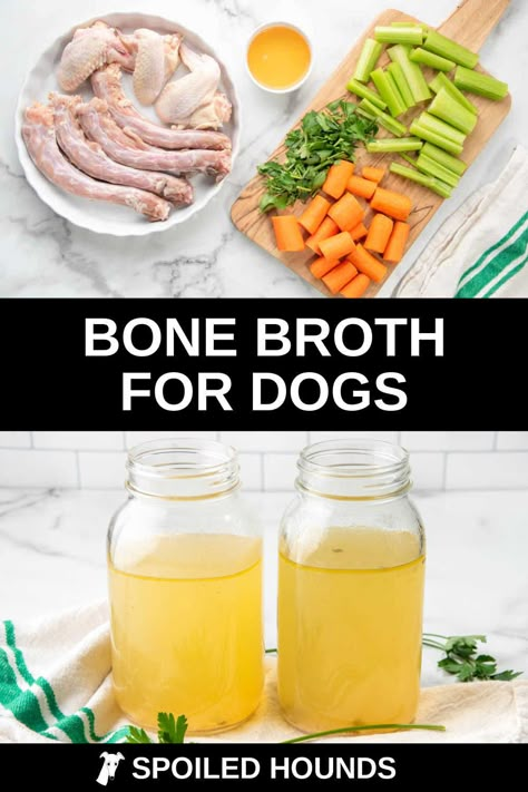 Homemade Bone Broth for Dogs made with chicken, turkey, and vegetables. Get the easy recipe and find out how to make the best bone broth for dogs in a Crockpot slow cooker, Instant Pot pressure cooker, or on the stove top in a soup pot or Dutch oven. This healthy DIY dog broth is so much better than store-bought. Dog Broth Recipe, Dog Broth, Chicken Broth For Dogs, Slow Cooker Chicken Broth, Bone Broth For Dogs, Broth For Dogs, Chicken Bone Broth Recipe, Recipe Slow Cooker, Homemade Bone Broth