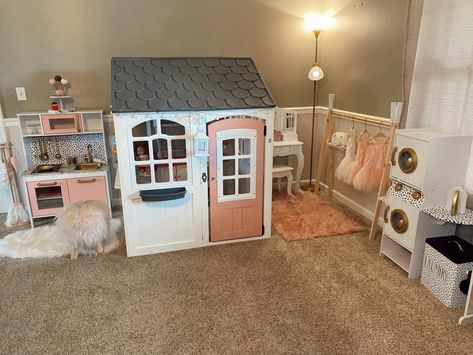 Toddler Room With Full Size Bed Girl, Playroom House Ideas, Toddler Girls Playroom Ideas, Toy Room Basement, Play House In Playroom, Pretend House Playroom, Playroom Town Ideas, Doll Set Up In Playroom, Two Year Old Playroom