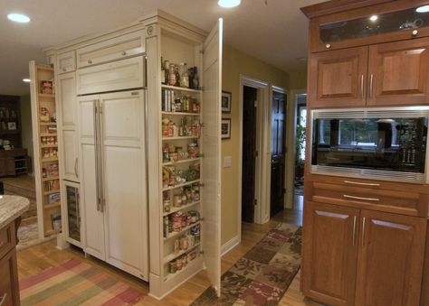 Great use of tall narrow space next to the refrigerator. Shallow Pantry, Narrow Pantry, Pantry Space, Casa Clean, Desain Pantry, Kabinet Dapur, Small Kitchen Storage, Built In Refrigerator, Small Pantry