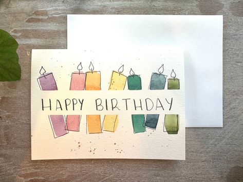 Say Happy Birthday to someone special with this hand painted watercolor card! Cards are blank inside so you can add your own personal note. Each order comes with one card and a white envelope.  Each card is original and design/color may vary slightly. Watercolor Art For Birthday Card, Handmade Watercolor Birthday Cards, Water Colored Birthday Cards, Hand Painted Birthday Card Ideas, Birthday Card Art Drawing, Diy Bday Card Ideas, Diy Card Thank You, Watercolor Card For Men, Birthday Card Simple Handmade