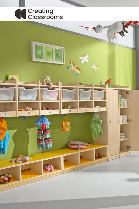 Kindergarten Interior Design Classroom Ideas, Preschool Furniture Classroom, Preschool Cubby Ideas, Preschool Design Interior, Preschool Room Set Up, Preschool Library Center Ideas, Daycare Storage Ideas, Preschool Classroom Furniture, Preschool Interior Design