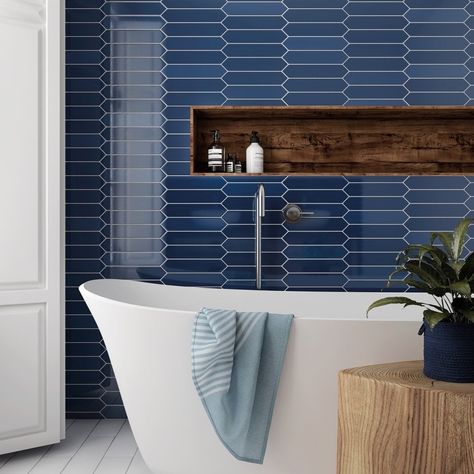 Blue And White Bathroom, Navy Blue Tile, Tiled Wall, Bathroom Fireplace, Geometric Tiles, Boys Bathroom, Bathroom Wall Tile, Bad Design, Blue Bathroom