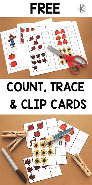 FREE Fall Count, Trace & Clip Cards for Kindergarten - these free printable fall math cards are great to help kids practice counting these fall items #kindergarten #math #fall #free #freeprintable #counting Fall Stations For Kindergarten, Kindergarten Math Assessment, Autumn Counting, Phonics Alphabet, Math Counting Activities, Halloween Counting, Fall Math Activities, Counting Clip Cards, Fall Classroom