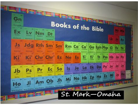 Sunday school bulletin board - books of the Bible done in the style of the periodic table of the elements.  This one works well with science themed VBS programs and curriculum. Christian Science Bulletin Boards, Bible Periodic Table, Science Vbs, Sunday School Room Decor, Sunday School Classroom Decor, Bible Bulletin Boards, Bible Science, Kids Church Rooms, Christian Bulletin Boards