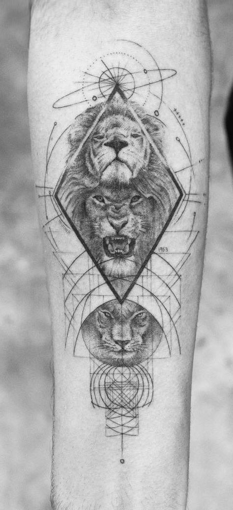 Modern Lion Tattoo, Mens Fine Line Tattoos, Line Lion Tattoo, Geometric Lion Tattoo Design, Man's Tattoo, Fine Line Lion Tattoo, Fine Line Tattoo Men, Mom And Baby Tattoo, Lion Tattoos For Men