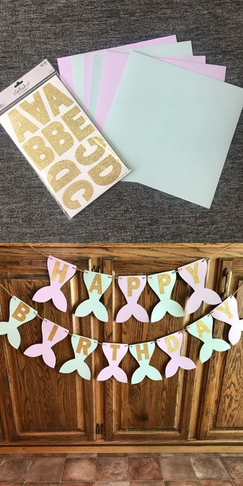 Diy Ariel Birthday Party, Easy Diy Mermaid Decorations, Easy Mermaid Decorations, Mermaid Birthday Banner Diy, Mermaid Party Cricut Ideas, Diy Ariel Decorations, Mermaid Theme Decorations Diy, Mermaid Birthday Party On A Budget, Simple Mermaid Decor Birthday