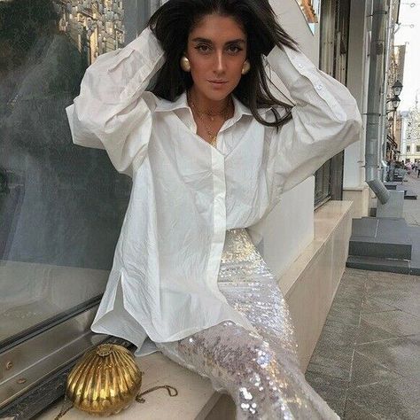 White Sequin Skirt, Sequin Skirt Outfit, Sequins Skirt, Looks Street Style, Zara Skirts, Zara White, Looks Style, Mode Inspiration, Skirt Outfits