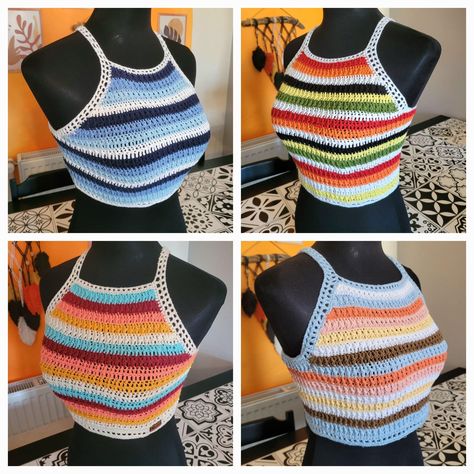 Vintage style 1970s Rainbow racerback crochet tops, Striped knit crop tops, Back Tie Tank Tops, Criss Cross Tops, Hippi boho tops by MerivaHandKnitACCs on Etsy White Crochet Tank Top, Handmade Bra, Boho Crop Tops, Floral Bra, Womens Halter Tops, Hippie Tops, Crochet Tank Top, Crochet Halter, Crochet Halter Tops