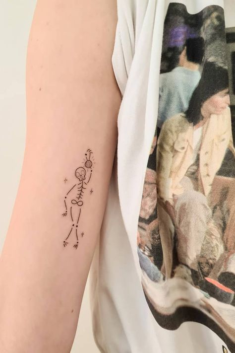 Small Dancing Skeleton Tattoo, Dancing Skeleton Tattoo Simple, Small Skeleton Tattoo Simple, Funny Skeleton Tattoo, Skeleton Dancing Tattoo, Line Art Tattoo Ideas, Dancing Skeleton Tattoo, Tree Line Tattoo, Moonlight Tattoo