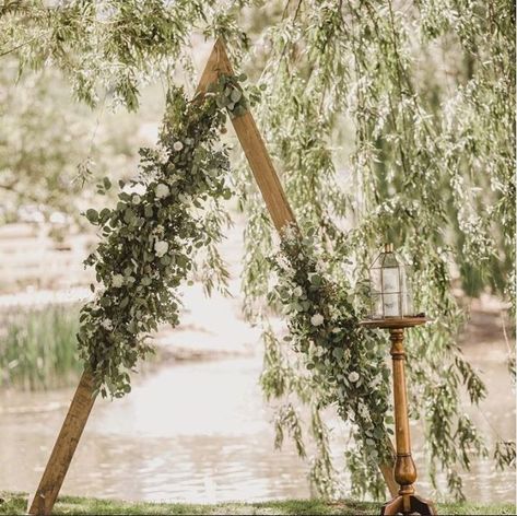 Triangle backdrop Triangle Backdrop, Ceremony Arch Decor, Wooden Wedding Arches, Wedding Drapery, Forest Theme Wedding, Wedding Entrance Decor, Dream Wedding Decorations, Wedding Ceremony Arch, Flowers And Greenery