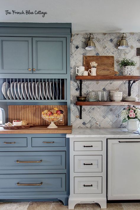 Blue And White French Country Kitchen, French Country Kitchen Tile, Two Tone French Country Kitchen, French Navy Kitchen, French Blue Kitchen Cabinets, French Navy Kitchen Cabinets, Light Green Kitchen Cabinets French Country, Blue French Country Kitchen, Light Blue Cabinets Kitchen French Country