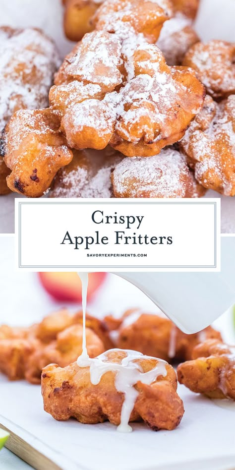 Homemade Apple Fritters don't get easier than this apple fritter recipe! Surrounded by a cakey batter and drizzled with glaze, they're perfectly sweet! #applefritters #homemadeapplefritters #howtomakeapplefritters #applefritterrecipe www.savoryexperiments.com Oven Baked Apple, Baked Apple Fritters, Apple Donuts, Sweet Glaze, Apple Fritter, Apricot Orange, Orange Glaze, Apple Dessert Recipes, Apple Dessert