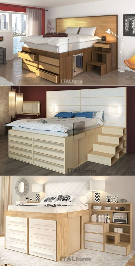 Diy Storage Bed, Space Saving Furniture Bedroom, Space Saving Bedroom, Diy Furniture Cheap, Diy Platform Bed, Space Saving Beds, Storage Beds, Space Saving Ideas, Bed Frame Design