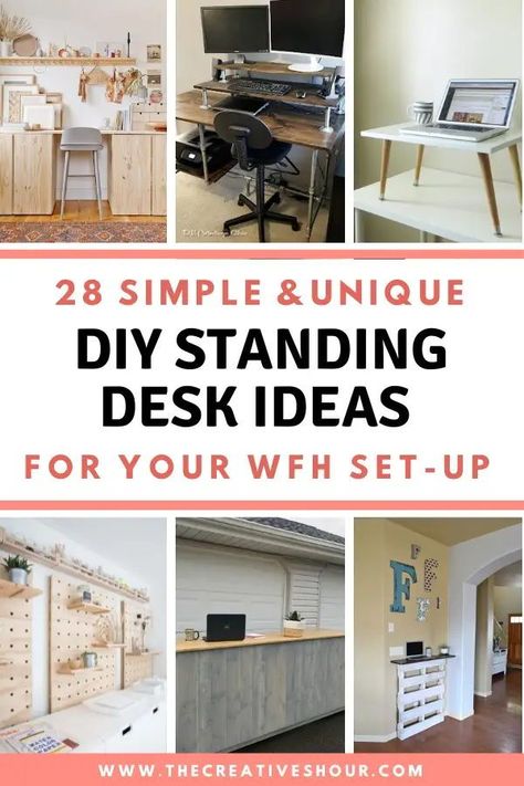 Try building your own DIY standing desk! With our easy-to-follow plans, you can create a sturdy and adjustable standing desk that fits your needs. Choose from various designs, including a converter, riser, or even a desk with built-in storage. Click here for more inspiring DIY standing desk adjustable, DIY standing desk plans, DIY standing desk converters, DIY standing desk risers, DIY standing desk classrooms, DIY standing desk ideas, DIY standing desk storage, easy DIY standing desk Standing Desk Home Office Diy, Standing Office Desk Ideas, Small Office Standing Desk, Office Standing Desk Workspaces, Standing Desk In Bedroom, Standing Desk Office Ideas, Home Office Ideas Standing Desk, Stand Up Desk Diy, Stand Up Desk Office Layout