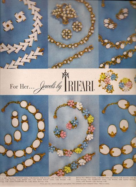 Trifari Vintage Jewelry Ad, For Her... Jewels by Trifari, Brazil Line, 1956 50s Jewelry, Jewellery Advertising, Jewelry Ad, Patti Hansen, Trifari Brooch, Beads Accessories, Vintage Jewlery, Lauren Hutton, Book Pieces