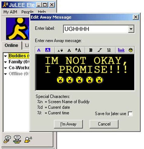 The time you decided on the PERFECT ~emo~ away message for every moment that you were away from AIM. 2005 Aesthetic, Mix Cd, Vans Warped Tour, Instant Messenger, Emo Kid, Old Computers, Emo Girls, I Am Scared, New Kids