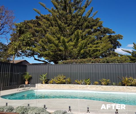 Check out this fantastic before/after pool area face-lift that now features a fence made from #COLORBONDsteel #Monument. Of the material selection, says the owner, "COLORBOND® steel is a great Australian product, and we love the colour [Monument®] as it creates a great backdrop" Monument Fence Colour, Ironstone Colourbond, Monument Fence, Pool Landscaping Backyard, Colorbond Fence, Fence Colours, Fence Around Pool, Weatherboard Cottage, Pool Screen