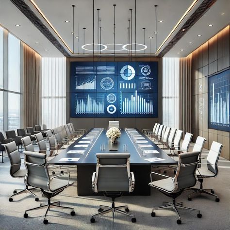 Empty Business Meeting Conference Room With Graphs And Diagrams On Tv In The Background Big Meeting Room, Meeting Room Design Creative, Conference Room Interior, Monitoring Room, Conference Room Design, Meeting Room Design, Office Conference Room, Conference Meeting, Hotel Lobbies