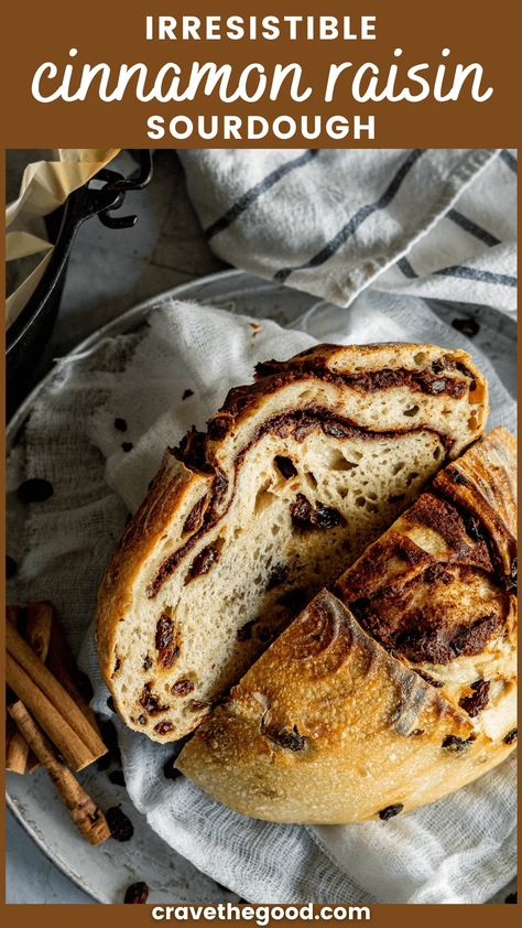 This cinnamon raisin sourdough is full of tangy sourdough, sweet raisins, and spicy cinnamon. It's the perfect mix of flavors. Use my easy to follow recipe with step by step photos and you can make this delicious bread at home! No need to go out or buy from a store when you can have fresh baked bread right from your own oven. Trust me, you're gonna love this cinnamon raisin sourdough bread recipe! | cravethegood.com Sweet Sourdough Bread Recipe, Sourdough Cinnamon Raisin Bread, Cinnamon Raisin Sourdough Bread, Raisin Sourdough Bread, Cinnamon Raisin Sourdough, Sourdough Cinnamon Raisin, Cinnamon Raisin Bread Recipe, Easy Sourdough Bread Recipe, Recipe Using Sourdough Starter