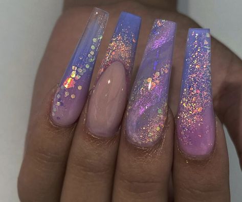 Purple Long Acrylic Nails, French Tip Purple, Glitter French Tip, Chunky Glitter Nails, Opal Nails, Encapsulated Nails, Purple Acrylic Nails, Purple Acrylic, Unicorn Nails