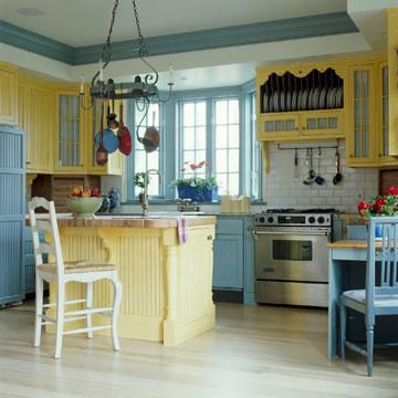 Kitchen Colors For Walls, Colors For Walls, Teal Kitchen Decor, Yellow Cabinets, Teal Kitchen, Blue Kitchen Decor, Crown Moldings, Ideas For Kitchen, French Country Kitchens