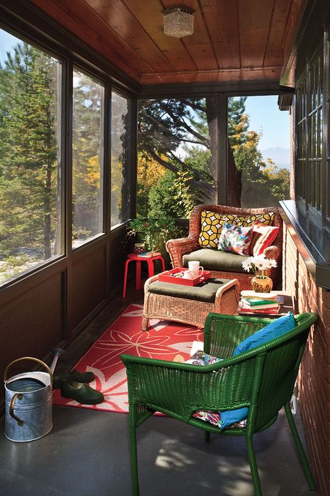 Utilizing your Cottage Nooks - Cottage Journal Small Screened In Porch Entry, Tiny Screened In Porch, Screened In Porch Reading Nook, Small Screen Porch Ideas, Small Lake House Interior Cozy, Narrow Front Porch Ideas Entrance, Small Sun Porch, Small Screened Porch Ideas, Small Screened In Porch Decorating Ideas