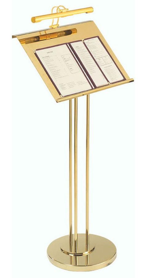 15" Podium for Floor with Lamp, Pedestal Design, Steel - Brass. Guest book stand? There are other similar products at this site. Host Stand Design, Restaurant Menu Stand, Hostess Desk, Restaurant Hostess, Hostess Station, Hostess Stand, Host Stand, Podium Design, Menu Stand